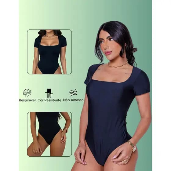 Body Feminino Manga Curta Suplex Justo Gola Quadrada  Casual Promoção