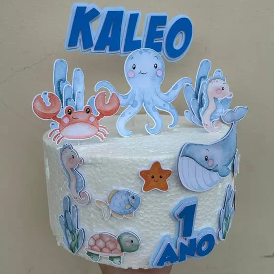 Topo de Bolo Fundo do Mar - Topper de Bolo Personalizado Fundo do Mar em Camadas