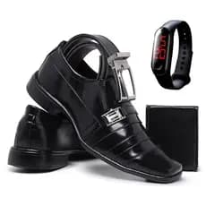 Kit Sapato Social Masculino Formal em Verniz Elegante com Carteira Cinto e Relógio Digital