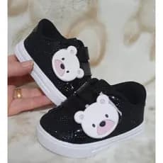 Tênis preto com gliter enfeite de urso infantil estiloso promoção