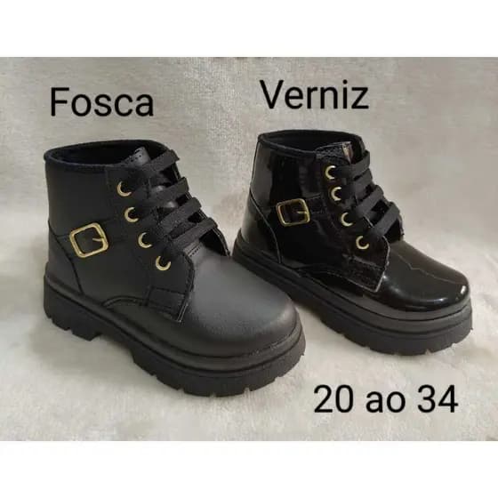 Bota Preta infantil estilo coturno cano baixo Fosco ou Verniz tratorada estilosa com fivela