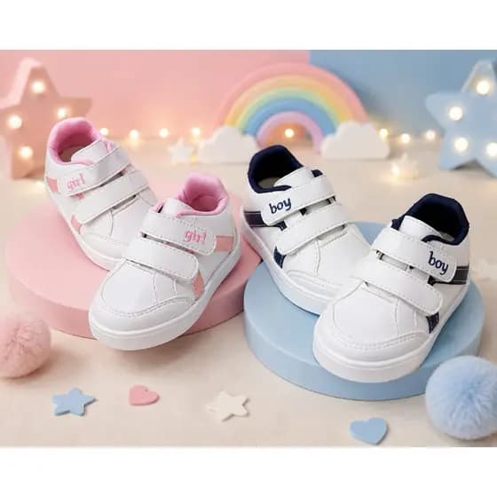 Tênis Branco infantil menina e menino detalhe azul ou rosa confortavel com fechamento fácil bordado