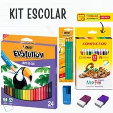 Material Escolar Kit Premium Lápis de Cor 24 Cores, Canetinha 12 Cores, Lápis, Apontador e Borracha