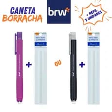 Caneta Borracha Retrátil Com Grip BRW + Refil 2 Unidades - Rosa ou Preta Escolar Desenho Escritório