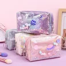 Estojo de Lápis Estrela com Glitter, Grande Capacidade, Estojo para Canetas e Maquiagem, Material Escolar, Bolsa para Lá
