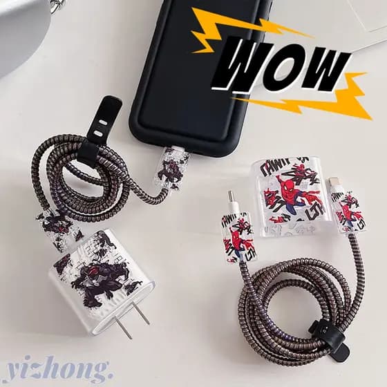 Caixa Do Carregador 5PCS/2PCS Conjunto Para iPhone 18W/20W Protetor De Cabeça De Carregamento Cool Spider-man Padrão De