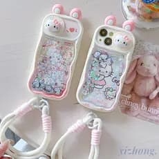 Capa De Telefone Para iphone 17 16 15 Pro Max 14 Plus 11 13 12PM Slide Camera Window 3D Ear Hello Kitty Flowing Quicksan