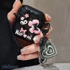 Capa Para Airpods 4 Pro 3 2 1 Bonito 3D Kuromi Rosa Bowknot Decoração Soft TPU Preto De Fone De Ouvido À Prova De Choque