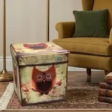 Puff com Assento e Baú Estampado Coruja Diferente Organizador Dobrável - tam M