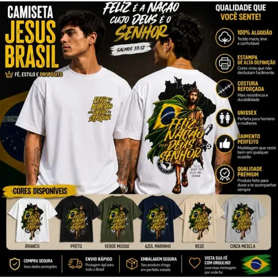 Camiseta Jesus Brasil Estilosa 100% Algodão Feliz é a Nação Cujo Deus Unissex Estampada Street