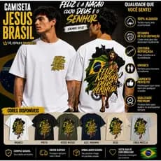 Camiseta Jesus Brasil Estilosa 100% Algodão Feliz é a Nação Cujo Deus Unissex Estampada Street