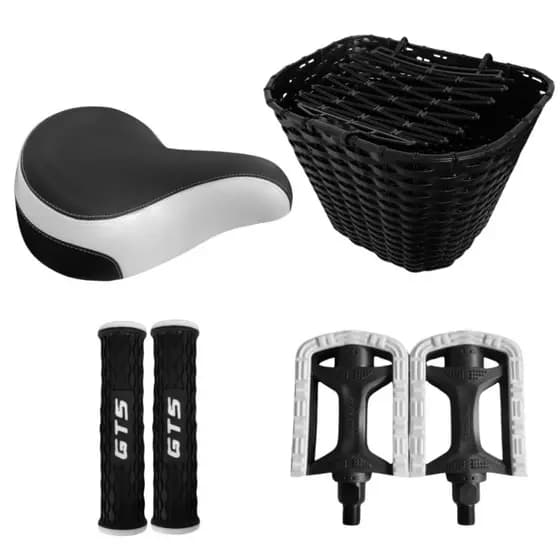Kit Bicicleta Confortável Preto/Branco Selim Pedal Manopla Cesta