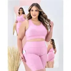 Conjunto Fitness Feminino Plus Size Cintura Alta Compressivo Com Bojo e Bolso Lateral