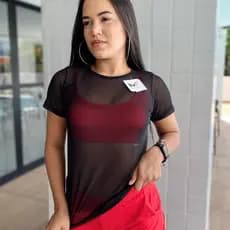 Blusa Baby Look em Tule Premium Fitness Blogueira Manga curta blusa com transparência feminina