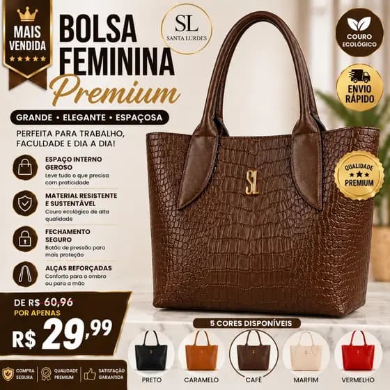 Bolsa Sacola Feminina Grande SL Couro Ecológico Croco Premium – Espaçosa p/ Trabalho Faculdade Dia a Dia