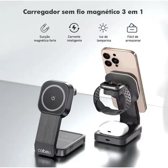 Carregador Magnético 3 Em 1 Dobrável Apple e Android AirPod, applewhatch e relógio