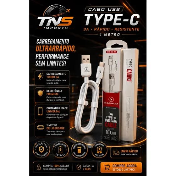 Cabo USB Tipo C para iPhone e Android Kapbom 2 Metros Carga Rápida e Transferência de Dados