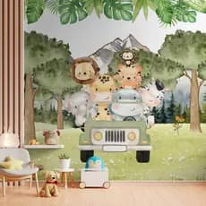 Papel De Parede Adesivo Infantil Safari Passeio Na Floresta