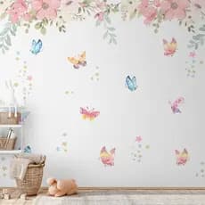 Papel De Parede Painel Floral Com Borboletas