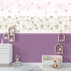 Papel De Parede Adesivo Ripado Floral Lilás Com Borboletas