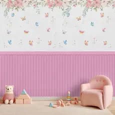 Papel De Parede Adesivo Ripado Floral Rosa Com Borboletas