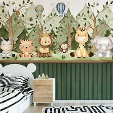 Papel De Parede Adesivo Infantil Safari Animais Na Floresta Com Ripado Verde