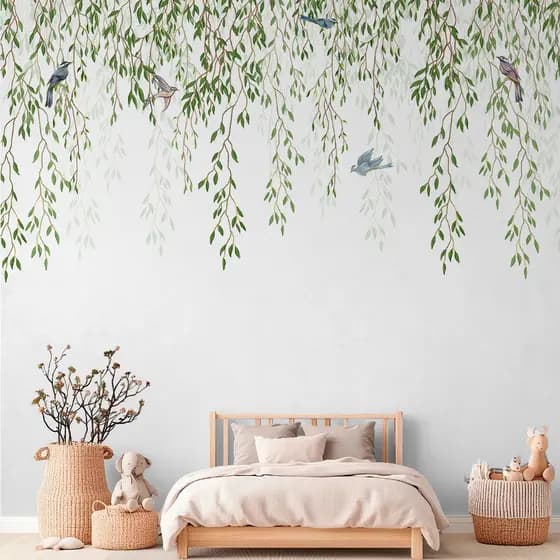 Papel De Parede Floral Folhagem Verde Selva Com Passarinhos