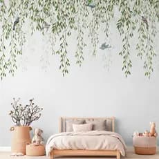 Papel De Parede Floral Folhagem Verde Selva Com Passarinhos