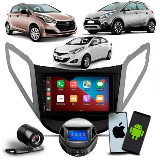 Kit Multimídia  Hb20x 7" Carplay Android Auto + Moldura 2 Din Padrão Chinês +Câmera de Ré Universal