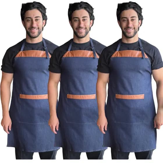 Kit 3 Avental Jeans com Couro Garçom Cozinha Lanchonete Ajustável Corpo Churrasqueiro