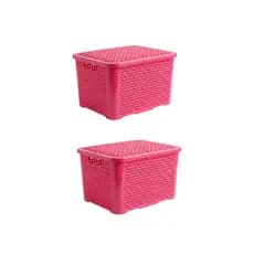 Kit 02 Caixa Organizadora Cesto Rattan Empilhavel com tampa Preto Branco Rosa 14 Litros