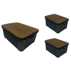 Kit 1 Caixa de 10 Litros + 2 Caixa de 3 Litros Rattan Com TAMPA DE MADEIRA PINUS