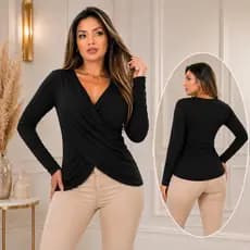 Blusa Feminina Transpassada Manga Longa Outono Inverno Malha Premium Casual Elegante Social Decote V