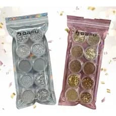 Kit Decoração unhas Gliter dourado ou prata, folhas de ouro ou prata-10 potinhos cada- escolher opção