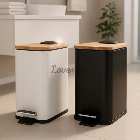 Lixeira Inox 5L Pedal e Tampa de Bambu Para Banheiro Cozinha Casa Cores