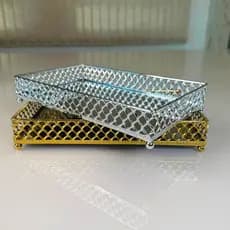 Bandeja Retangular Espelhada Prata ou Dourada – Metal com Fundo de Vidro para Decoração de Lavabo e Sala