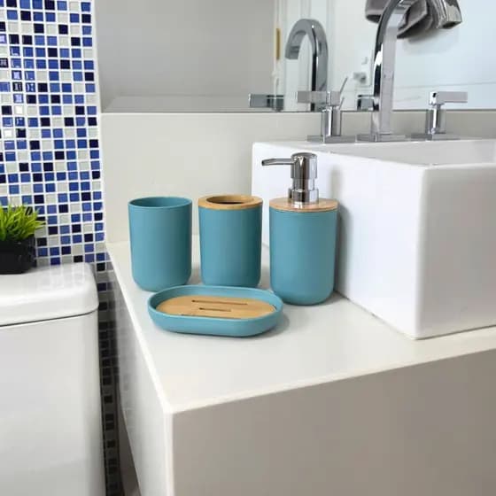 Kit Banheiro Lavabo Conjunto 5 Peças Saboneteira Dispenser Porta Escova Porta Coisa Bambu