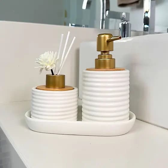 Kit Banheiro Lavabo Jogo Conjunto Saboneteira Aromatizador Porcelana Bambu 3 Peças Bamboo