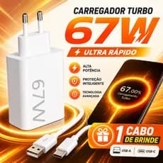 Carregador Turbo 67W USB-C Tipo C Fonte Super Rápida Bivolt para Android Iphone