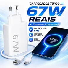 Carregador Turbo 67W Original USB-C para iPhone Xiaomi Android Fonte Tipo-C PD Rápida Samsung