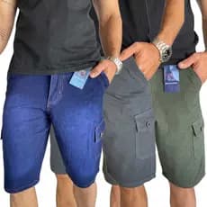 Kit 3 Bermudas Masculina Cargo Lisas Coloridas Short Masculino 6 Bolsos Sarja Brim e Jeans