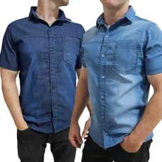 Kit 2 Camisa Jeans Masculina Com Bolso Manga Curta Elastano