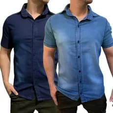 KIT 2 CAMISA JEANS AZUL MASCULINA  MANGA CURTA SOCIAL