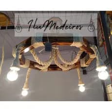 Luminária Pendente Lustre Rustica Corda Sisal e madeira Vintage Retro Roda Elegante Decoração Casa, para Sala, Quarto