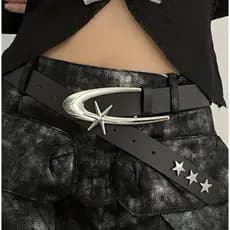 Cinto Feminino Preto Estilo Y2K Gótico, Fivela de Estrela e Lua Metálica Cinto de Couro PU Moda Rock