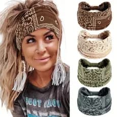 Faixa de Cabeça Larga Elástica com Estampa Paisley Boho Vintage feminino- Absorvente de Suor Elástica para Fitness Yoga