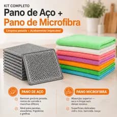 Kit Pano de Limpeza Aço e Microfibra Cozinha Superfícies e Louças Delicadas Limpa sem Arranhar