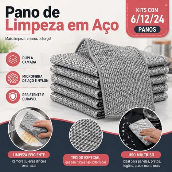 Kit 24 Panos de Limpeza de Aço Inox Reutilizável Dupla Camada 20x20cm Cozinha Louça Fogão Panelas