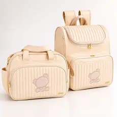 Kit Bolsas Maternidade 2 peças Bege c/ Mochila, Bolsa Grande e Urso Bordado Bege