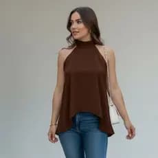 Blusa Feminina Gola Alta com Amarração no pescoço Frente Unica Regata Assimetrica Bata